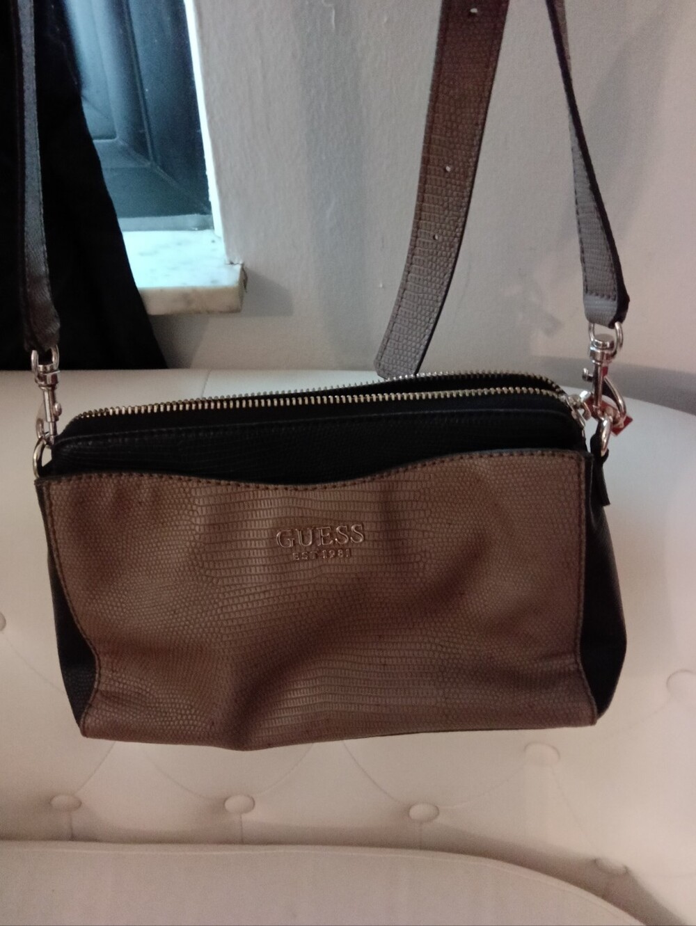 Guess Lyndi Small Girlfriend Two-Tone Taupe and Brown Crossbody Bag - Picture 2 of 3